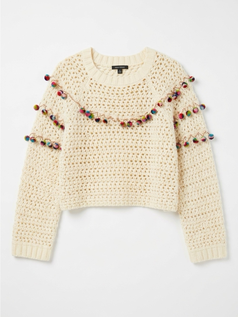 Zara Cream Open-Knit Sweater with Multicolor Pom Trim